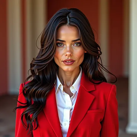 beautiful and sexy brunette woman wearing white dress shirt and red suit in random place, Ultra detailed, 8k