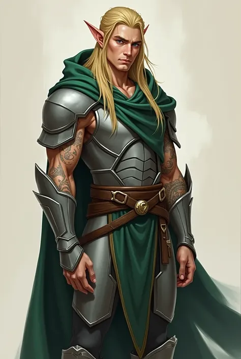 ((league of legends game ART style )), Human Male,Elf ears ,  Robes  ,  tattoos ,Simple background,character sheet , Pants ,Bandage on arms, Green hooded cloak , silver Armor , long Blonde hair , 