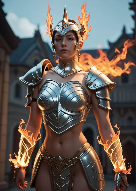 goddess of fire wearing glowing armor