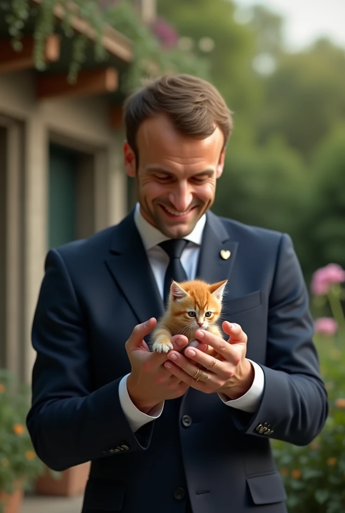 Macron qui attrape un chaton dans ses mains 