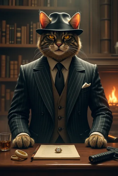 Create an image of a huge cat being the boss of the Mafia