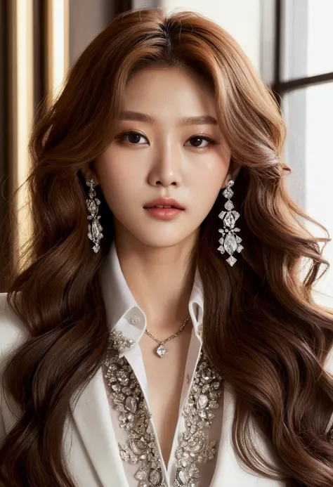 super aesthetic, sexy and elegant K-Pop Idol, long wavy hair, highly feminine, diamond stud, elegant, luxury, hyper realistic, High Fashion: Elegant and sophisticated pieces from luxury brands, including tailored suits and dresses.  intricate details, perf...