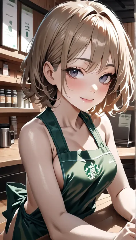   Lovely 21-year-old Japanese Woman  、(( Starbucks Green Apron 、naked、nakedにエプロン、Side Breast)),  waiter、Coffee Shop、 Super detailed face 、 Pay attention to details 、  double eyelids in a judo suit 、  Beautiful Slim Nose 、  Highly concentrated  :1.2、  Beaut...