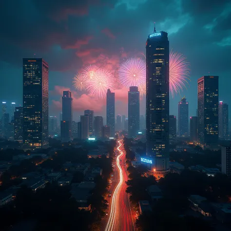 a cityscape of jakarta at night, skyscrapers, neon lights, fireworks exploding in the sky, dark cloudy sky, dramatic lighting, cinematic mood, intricate architectural details, long exposure, vibrant colors, (best quality,4k,8k,highres,masterpiece:1.2),ultr...