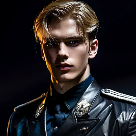 A cyberspace masterpiece capturing a young blond German covert agent, his youth evident, clad in soaked leather naval attire, the texture of the uniform material highly detailed, a unique Fourragere hanging gracefully over his broad chest, the room around ...