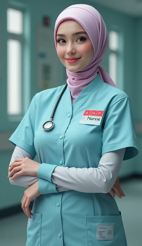 new clothes design for male and female +hijab nurses with collars and interesting colors,with smile,must be written name " (AIMP NURSE) " on the dress and create a scene of it such as with patients in realistic and ultra realism,ultra hd