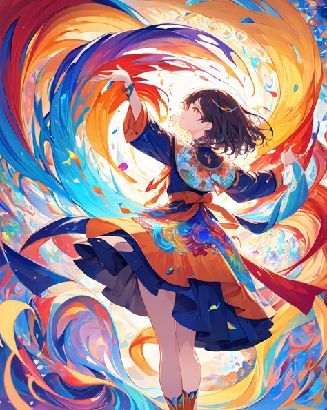 The scene bursts to life with a symphony of vibrant colors swirling and dancing in the background. Streaks and droplets of red, blue, yellow, and orange intertwine, forming a dreamlike, abstract tapestry that captivates the senses. The ground reflects the ...