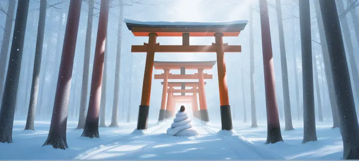 A serene winter landscape featuring a bright red torii gate in the center, surrounded by snow-covered trees and a tranquil atmosphere. In front of the torii, a pure white snake is coiled gracefully on a rock, its scales shimmering softly under the pale win...