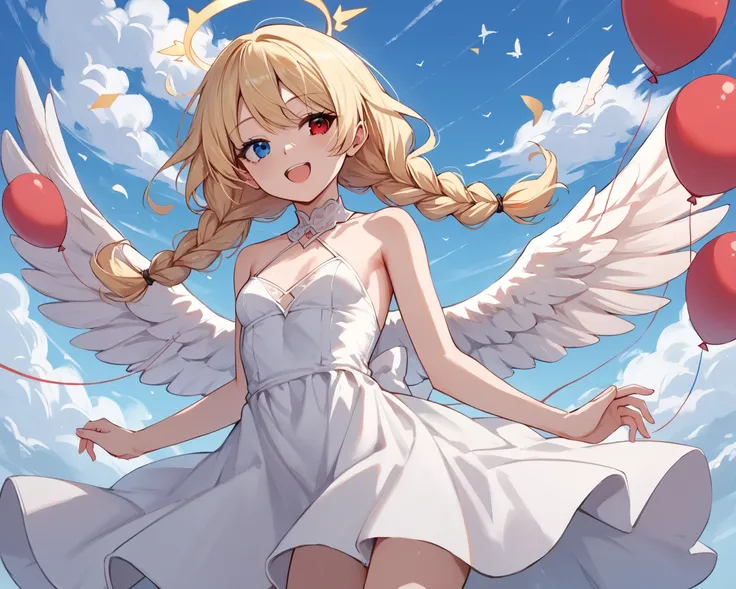 score_9_up, score_8_up, score_7_up, 1girl, solo, source_anime, Small breasts, blonde hair, twin braids, (heterochromia, left red eye, right blue eye), slim body BREAK 

Angel wings, feathered wings, white wings, halo, white dress BREAK 

Looking away, floa...