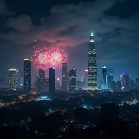 low angle shot of a cityscape of jakarta, indonesia at night, skyscrapers, neon lights, fireworks exploding in the sky, dark cloudy sky, dramatic lighting, cinematic mood, intricate architectural details, long exposure, vibrant colors, (best quality,4k,8k,...