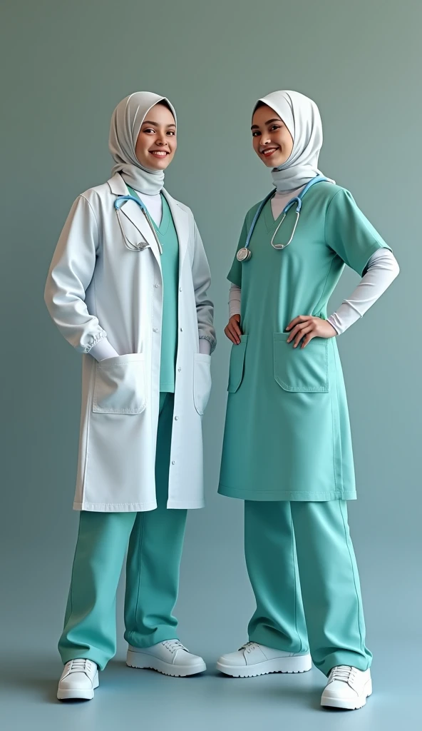 new idea clothes design in full dress for male and female +hijab nurses with collars and interesting colors,with smile,must be written name " (AIMP NURSE) " on the dress and create a scene of it such as with patients in realistic and ultra realism,ultra hd