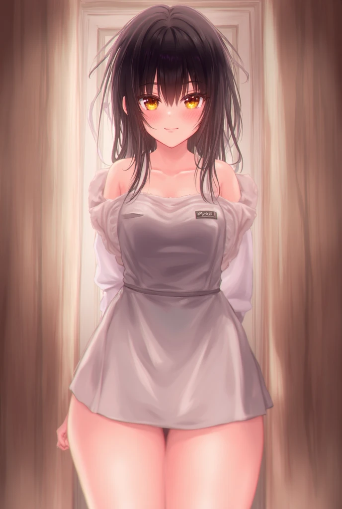 1girl, solo, masterpiece, highest quality, 8k, background house with door open, naked apron, bare legs, sexy legs, bewitching thighs, blushing slightly, sfw, thick thighs, , black hair, yellow eyes, peach skin, black and white apron, naked apron, ahegao ex...