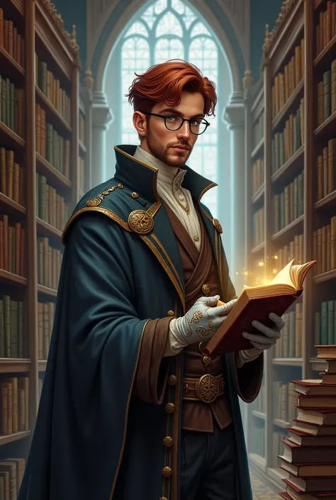 MALE LIBRARIAN , with book in hand,  SHORT HAIR AND BEARD AND VERY DARK RED,  GLOVE WITH MAGIC SYMBOLS AND GLASSES ,  26 years old,  classic wizard outfit  