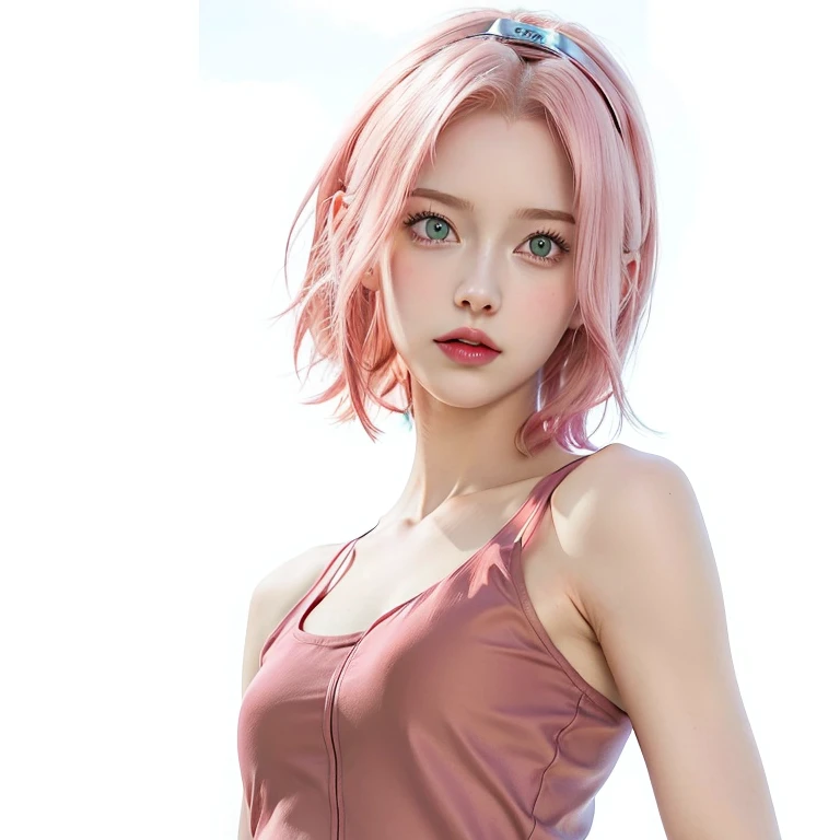 young woman, short shoulder-length pink hair, wide forehead, porcelain skin, pink eyebrows, big emerald green eyes, buttoned nose, full lips, heart-shaped face, slender body, small breasts, red tank top, Sakura Haruno , realistic, realism, details, 3d, wel...