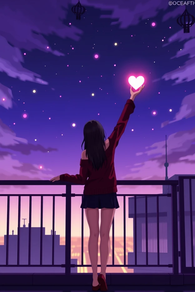 Full shot of a woman with her back to the camera, standing on a rooftop overlooking a city at dusk or night. The woman has long, dark hair, and is wearing a dark red off-the-shoulder knit sweater and dark miniskirt. Her posture is relaxed, with her arms sl...