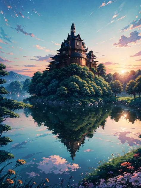 Generates a stunning 4K resolution  (400x900 )  anime-style image of Ghibli Studio , Sky ,  in soft colors to emphasize the aesthetics of Ghibli Studio:: illustration