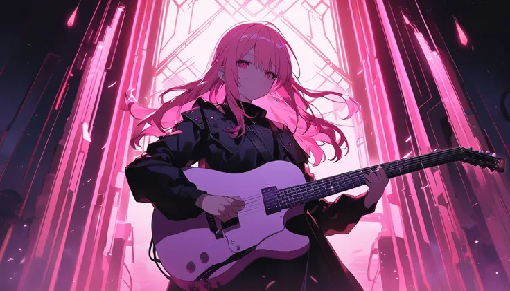  anime girl  with long pink hair playing a guitar in a dark room,  anime cover , Nightcore, Gwaiz, ( ( ( Yoshinari ) ) ), guitarist, artwork in the style of Gwaiz, Ethereal Anime, Casciato, Guitar solo,  anime lighting ,  Atmospheric Anime , Anime Peripher...