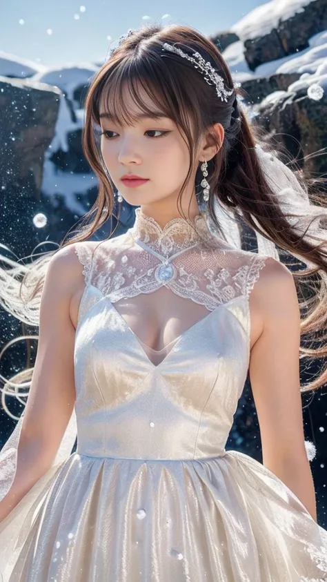   Masterpiece  ,   top quality , Photographically,   super detailed ,    Details,   is in high definition , 8k wallpaper,   Ice statue of a princess trapped in ice ,Long ponytail with silver hair , closed eyes ,Delicate hair,Ice Castle,Big Breasts, bewitch...