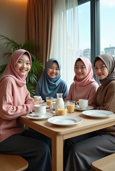 professional photography of 5 beautiful Korean women wearing random colour hijabs that cover their chests. they wore long knitted sweaters in various random colors, pink, blue and brown, enjoying breakfast together. They sat around a beautifully set dining...