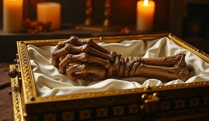 A very real mummified hand with flesh an muscle in a ornate gold case lined in white silk, very detailed, lit by candles