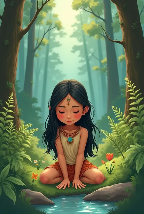 Cartoon of an indigenous North American girl ,  closed eyes , Kneeling touching the forest floor with the palms of her hands 