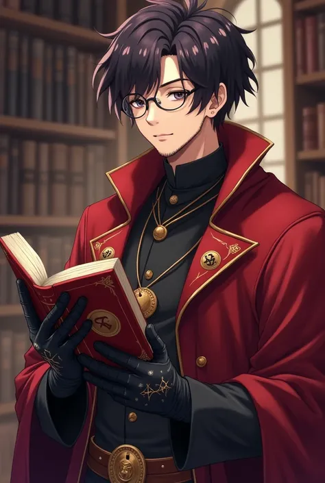 MALE LIBRARIAN , with book in hand,  SHORT HAIR AND BEARD AND VERY DARK RED,  GLOVE WITH MAGIC SYMBOLS AND GLASSES ,  26 years old,  classic wizard outfit , holding a grimoire with magical symbols and anime appearance 