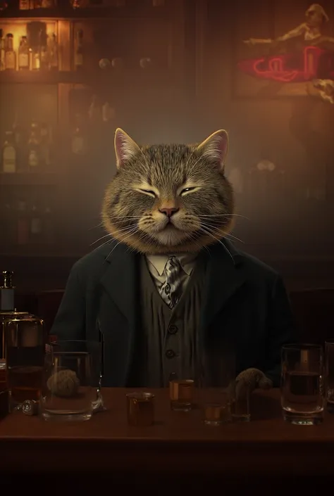 Cat at the bar of a bar drinking shots