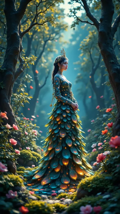 ((best quality, 128k,highres,masterpiece:1.2),ultra-detailed,(realistic,photorealistic,photo-realistic:1.37), ((masterpiece)) ((photography)) ((Highest quality)) A majestic peacock-inspired woman standing gracefully in an enchanted forest. Her flowing gown...