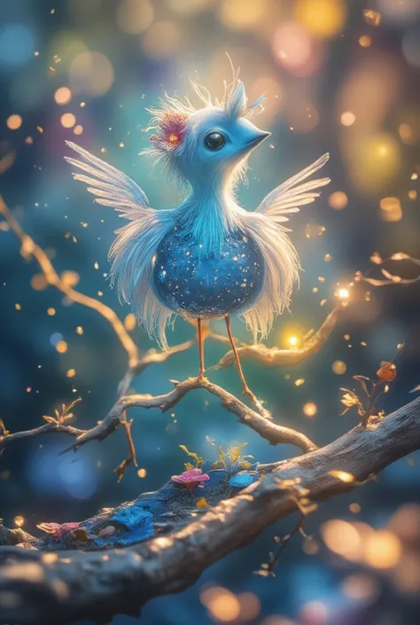 Create an ethereal, luminous bird with fluorescent feathers in shades of blue, purple, and white, perched on slender, swirling branches. The bird should have an otherworldly glow, with its body and wings glowing, giving it a magical feel of, celestial bodi...