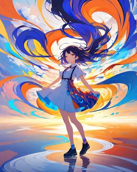 An anime illustration of a young girl standing confidently amidst a dynamic burst of ink-like colors swirling around her. Vivid streaks of blue, red, yellow, and orange twist and flow in the air, creating an abstract and dreamlike atmosphere. These vibrant...