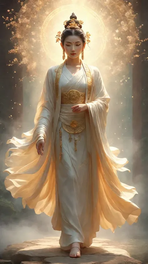 A realistic and mystical depiction of Ashuku Nyorai (Aya Nyorai) walking gracefully in an upright posture in a vertical 10:16 frame. The image portrays a serene and majestic divine figure with a calm expression, symbolizing immovable resolve and enlightenm...