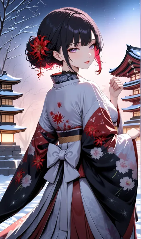 score_9, score_8_up, score_9_up, source_anime, ellenjoe, night, passionless, closed mouth, ellen joe, black hair, sexy body, colored inner hair, multicolored hair, grey eyes, winter, air into her hair, shes touching her hairs, shy, timid, a lot of wind, ...