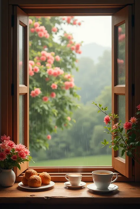 Wooden window image ,  Outside, its raining, trees with beautiful flowers, and hot coffee and delicious champurradas on the table.