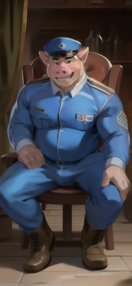  alone, Male tall  ,Big torso ,riding a chair  ,Den, big pig , blue sportswear,  ,  wearing boots ,  Overweight ,  muscle bundle , Military blue tracksuit, Sexual​ Emotions​ happy​, by chunie 