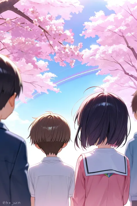 Two elementary school boys and girls. Back view. He looks up at the sky and stretches one hand towards the sky. The sky is clear and there is a rainbow. There are cherry blossoms planted around it.