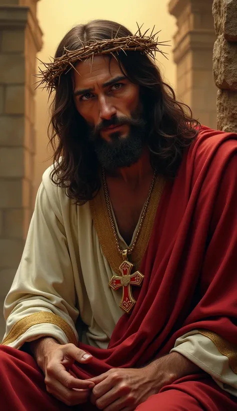 Jesus Christ, in a hyper-realistic style, seated with an expression of suffering and compassion, gazing directly at the camera. His head is crowned with thorns, and his face shows signs of fatigue and deep emotion. He has long dark brown hair, a well-groom...