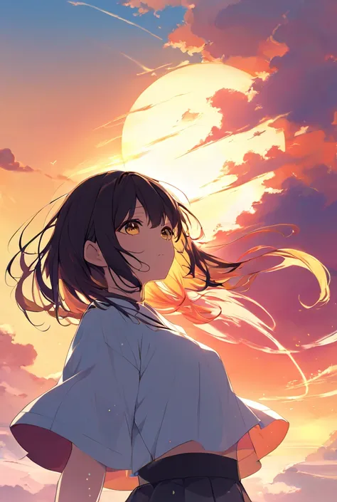 A serene anime illustration of a girl standing against the backdrop of a glowing sunset. Streaks of colorful ink swirl in the air, blending with the warm hues of the setting sun to create a harmonious scene of beauty and tranquility