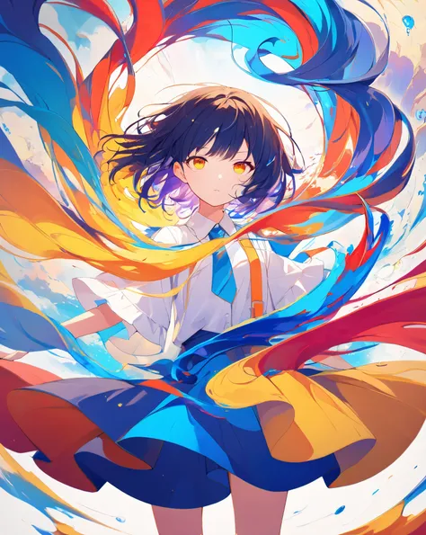 An anime illustration of a young girl standing confidently amidst a dynamic burst of ink-like colors swirling around her. Vivid streaks of blue, red, yellow, and orange twist and flow in the air, creating an abstract and dreamlike atmosphere. These vibrant...