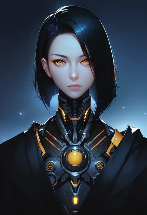 One woman, mature, anime, female anime character, amber eyes, amber eyeliner, expressionless, biomech, biomechanical, black hair, sharp face,artificial skin, black slim mechanical body frame, small chest, black cloak, mechanical neck, detailed anime charac...