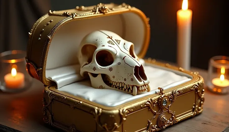 A very real wolf skull with occult symbols on it in a ornate gold case lined in white silk, very detailed, lit by candles