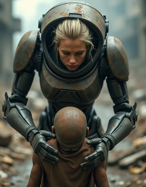 A photorealistic, close-up shot of a young, beautiful blonde womans face inside the cockpit of a futuristic, soot-covered exoskeleton suit. Her expression shows determination mixed with fatigue. Outside the suit, the robotic arms are gently helping a survi...