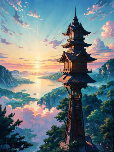 Generates a stunning 4K resolution  (400x900 )  anime-style image of Ghibli Studio , Sky ,  in soft colors to emphasize the aesthetics of Ghibli Studio:: illustration