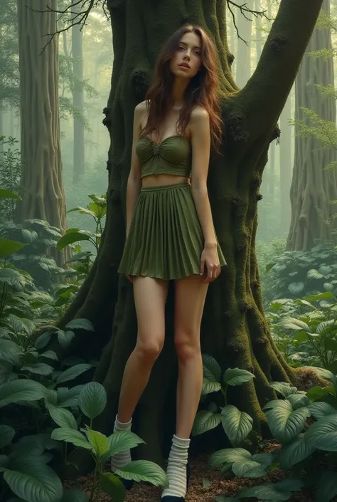 A woman in a forest, deep within a lush, verdant jungle. A woman with brown hair and light skin, in a olive green, pleated mini skirt and a similar top, with subtle leaf-like patterns. She is standing near a large, gnarled tree, the texture of which is vis...