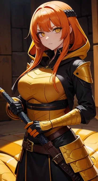 Orange hair, yellow eyes, snake pupils, assassin, klaudia, Cobra hood, snake scales armor,