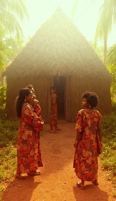 A cinematic-quality image depicting three Comorian neighbors standing in front of the traditional banga house of the son of the poor, engaged in a curious discussion. The neighbors, two women and one man, have distinct Bantu features and radiant dark skin....