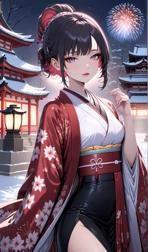 score_9, score_8_up, score_9_up, source_anime, ellenjoe, night, passionless, closed mouth, ellen joe, black hair, sexy body, colored inner hair, multicolored hair, grey eyes, winter, air into her hair, shes touching her hairs, shy, timid, a lot of wind, ...