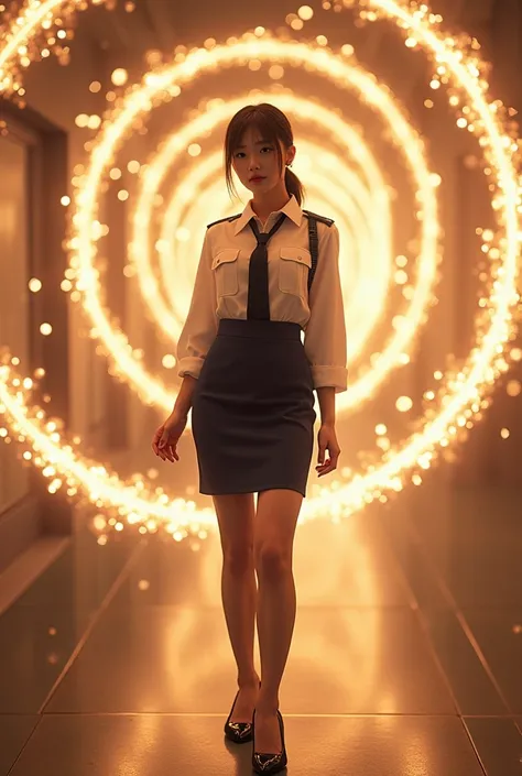 A beautiful Japanese woman in a self-defense officer uniform, 25 age, navy tie, white long-sleeve shirt, navy pencil skirt, and black patent leather high heels, with beautiful curves. brown hair, low ponytail, A woman bathed in spiraling light, energy form...