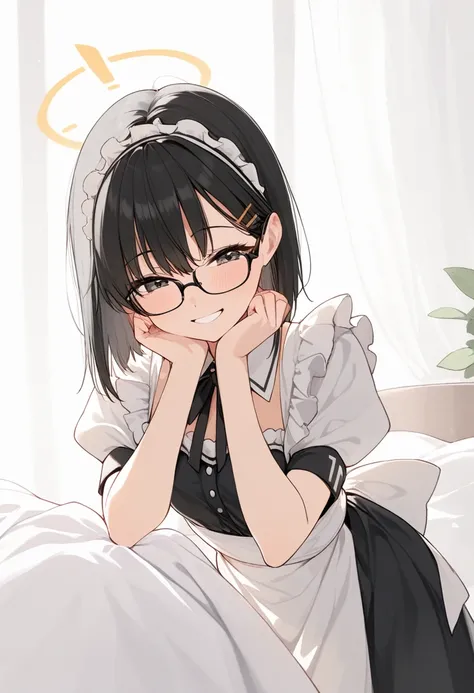 Black hair, glasses, maid uniform, smiling face