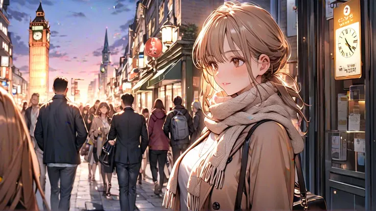  1 Woman Standing , ( leaning against a wall) ( Looking at My Cell Phone ), ( Stylish Outfit )  scarf,  mature woman, /( light brown hair/) bangs, ( Superb Masterpiece Top Quality :1.2)  delicate illustration super detailed,  medium breasts, Blake with the...