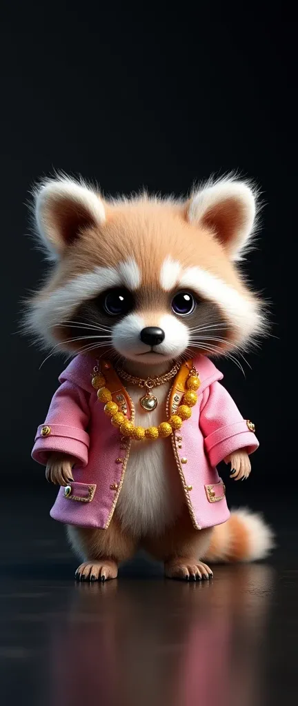  A charming and flamboyant handmade item featuring an extra cute pastel-colored realistic baby raccoon .  The adorable RAGUDO is wearing a fun pink saddle and a dazzling golden yellow beaded necklace..  This delightful creation is presented on an elegant b...